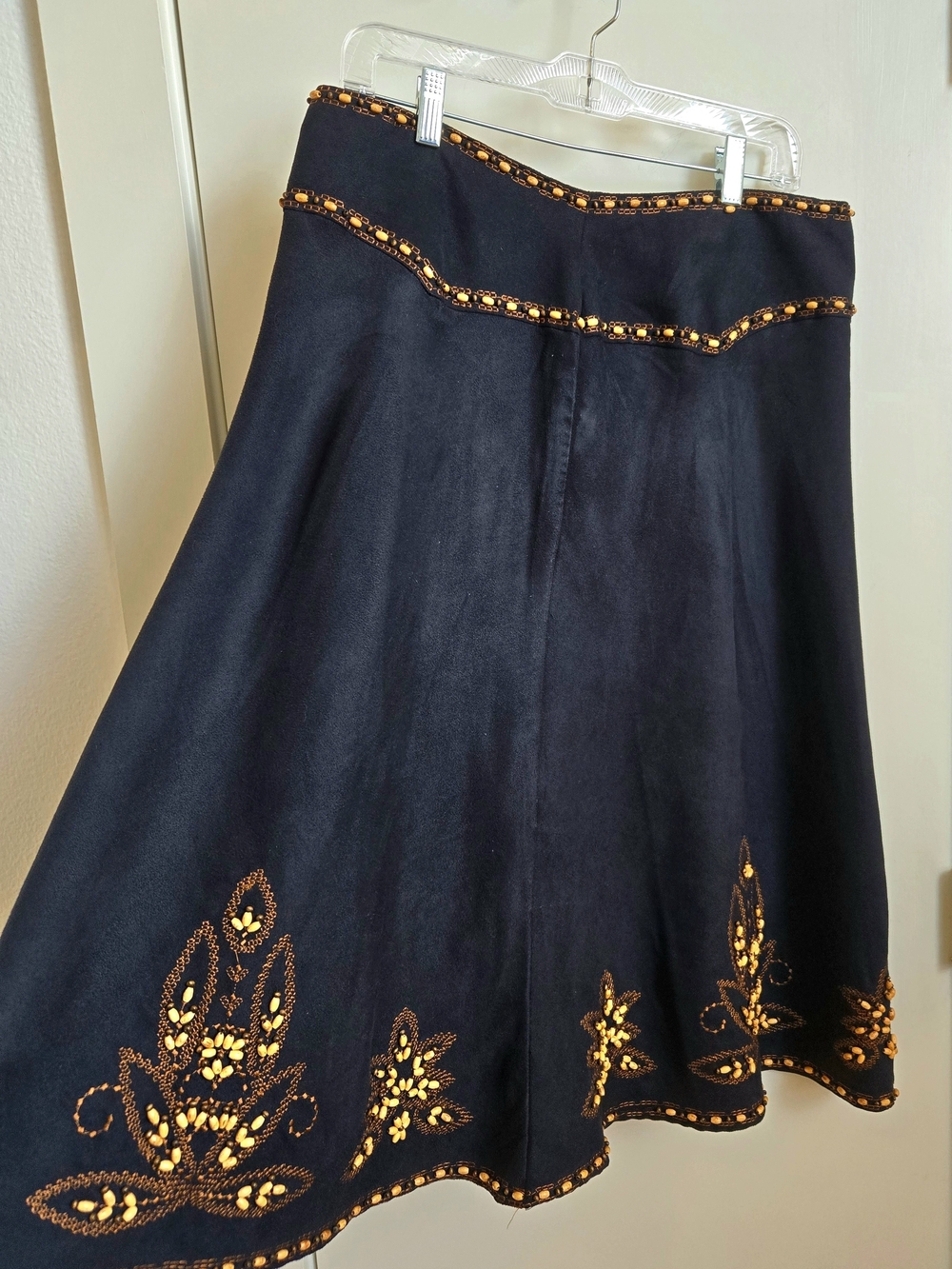 Vintage Carole Little Black Faux Suede Embroidered Beaded A Line Midi Skirt